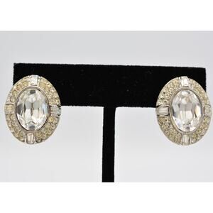Givenchy Crystal Clip Earrings Baguette Rhinestone Oval Silver Tone Signed 9D